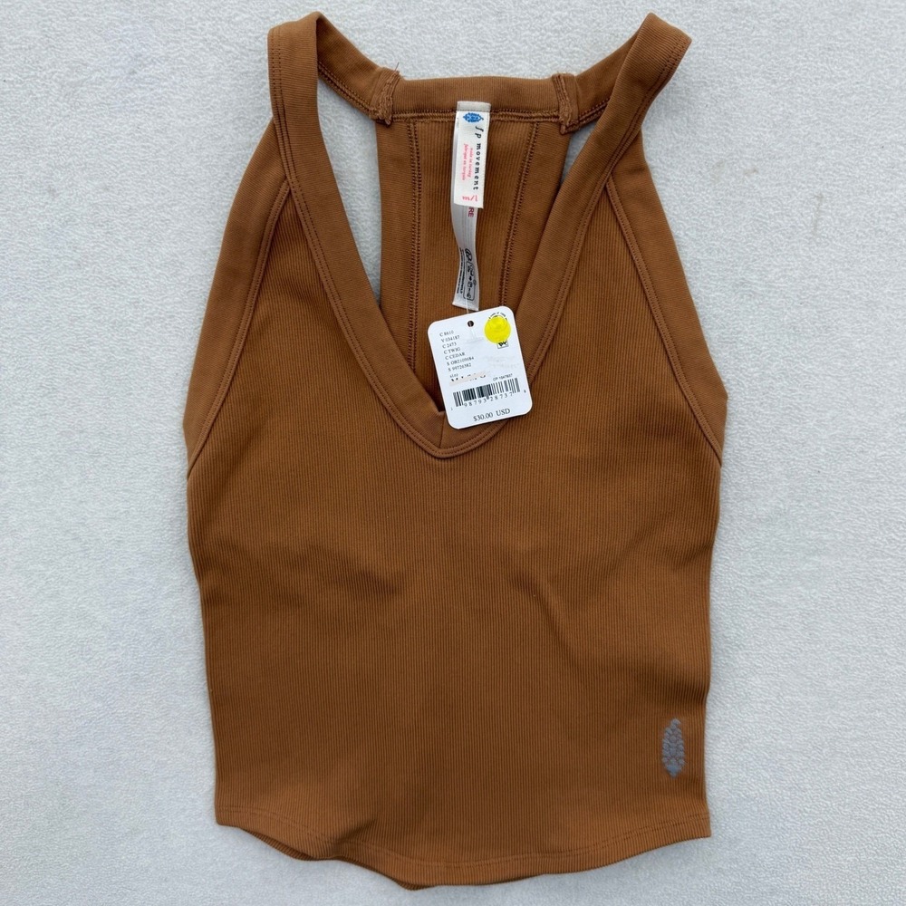 Free People FP Movement All Clear Crop Tank Top XL Cedar Brown Ribbed V-Neck - Picture 2 of 6